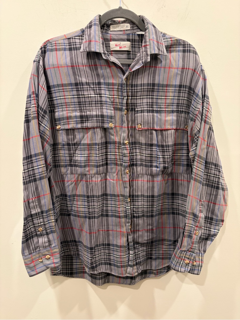 Men's Plaid Button-Down Shirt in Gray and‎ Blue with Subtle Red Trim